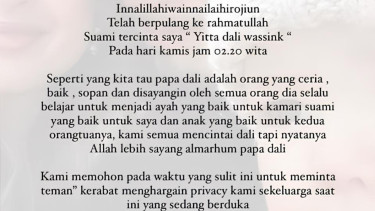Suami Jennifer Coppen, Yitta Dali Wasik meninggal dunia.