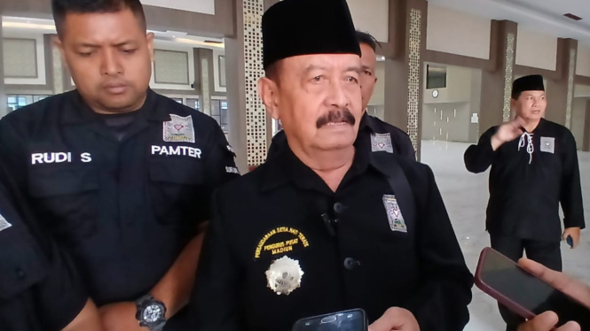 Ketua Pusat PSHT, Moerdjoko di Markas Polda Jatim di Surabaya.