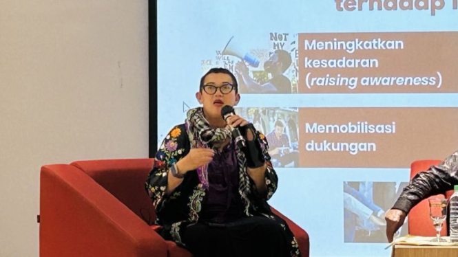 Direktur HAM dan Urusan Kemanusiaan Kementerian Luar Negeri RI Indah Nurvia Savitri dalam sebuah talk show di Jakarta, Jumat, 2 Agustus 2024.