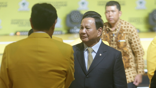 Prabowo Subianto saat menghadiri Penutupan Munas Partai Golkar