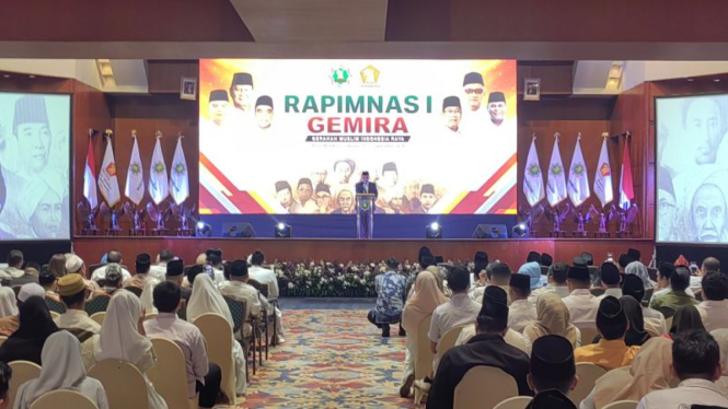 Sekretaris Jenderal Partai Gerindra Ahmad Muzani saat menghadiri pembukaan Rapat Pimpinan Nasional (Rapimnas) I Gerakan Muslim Indonesia Raya (Gemira) di Jakarta, Sabtu, 21 September 2024.