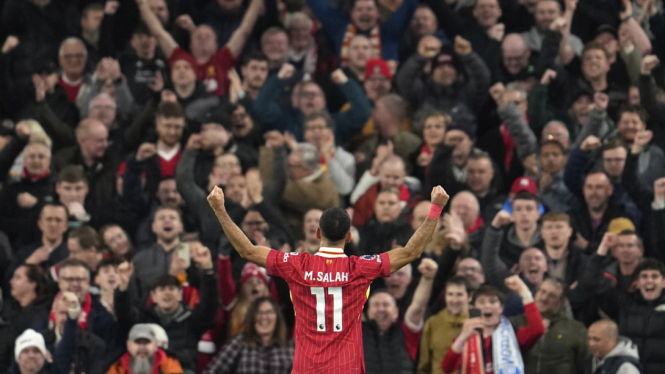 Pemain Liverpool, Mohamed Salah rayakan gol