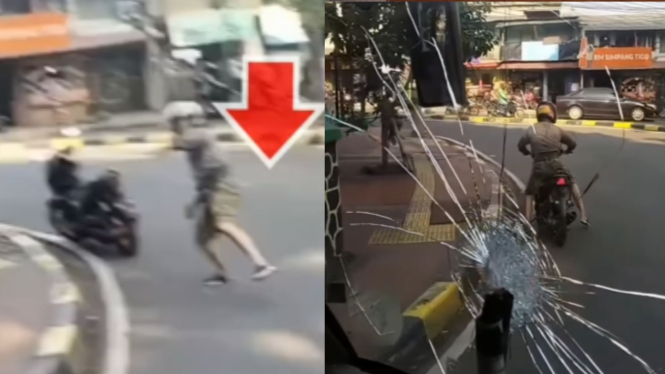 Aksi pemotor lempar batu ke bus TransJakarta di Lenteng Agung, Jakarta Selatan