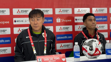  Coach Shin Tae-yong saat jumpa pers jelang laga lawan Laos di Piala AFF 2024
