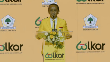 Ketua Umum Partai Golkar, Bahlil Lahadalia di acara puncak HUT Ke-60 Partai Golkar di SICC, Bogor, Jawa Barat, Kamis, 12 Desember 2024