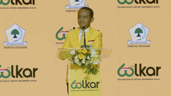 Ketua Umum Partai Golkar, Bahlil Lahadalia dalam acara puncak HUT ke-60 Partai Golkar di SICC Bogor, Jawa Barat, Kamis, 12 Desember 2024