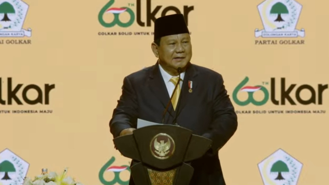 Presiden RI Prabowo Subianto di acara HUT ke-60 Partai Golkar di SICC, Bogor, Jawa Barat, Kamis, 12 Desember 2024