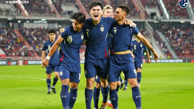 Pemain Timnas Thailand merayakan gol