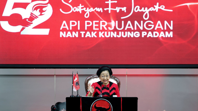 Pidato Politik Ketua Umum PDIP, Megawati Soekarnoputri saat HUT ke-52 PDIP, di Sekolah Partai, Lenteng Agung, Jakarta Selatan, Jumat, 10 Januari 2025.
