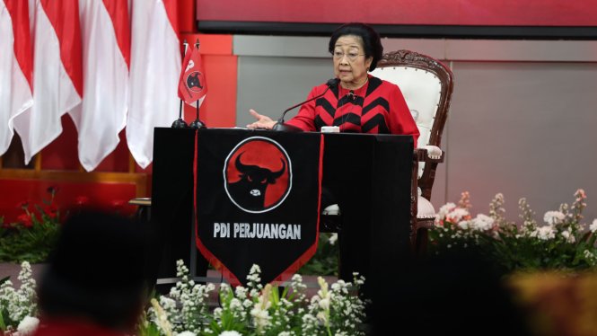 Pidato Politik Ketua Umum PDIP, Megawati Soekarnoputri saat HUT ke-52 PDIP, di Sekolah Partai, Lenteng Agung, Jakarta Selatan, Jumat, 10 Januari 2025.