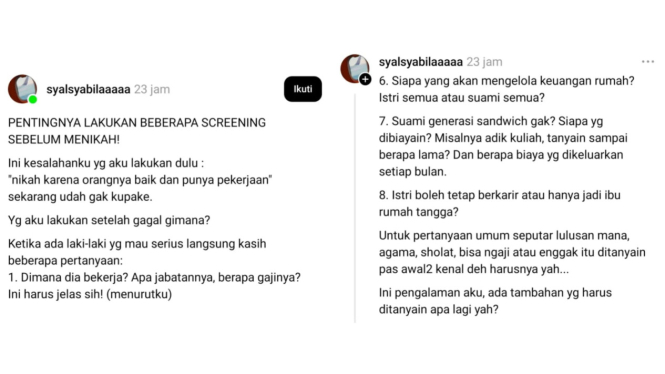 Seorang wanita bagikan pertanyaan sebelum menikah berdasarkan pengalaman.