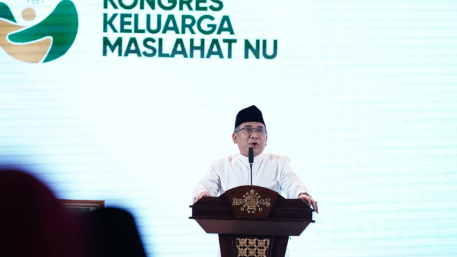 Ketua Umum NU Yahya Cholil Staquf dalam Kongres Keluarga Maslahat NU yang berlangsung pada 31 Januari-1 Februari 2025 di Hotel Bidakara, Jakarta.