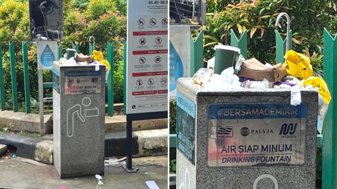 Penampakan fasilitas air minum dijadikan tempat sampah