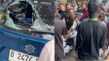 Pengendara Motor Ini Pecahkan Kaca Mobil dengan Helm Usai Kesenggol Lawan Arah