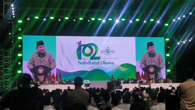 Presiden RI Prabowo Subianto dalam acara peringatan Harlah NU ke-102 di Istora Senayan, Jakarta Pusat, Rabu, 5 Februari 2025