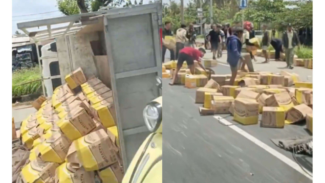 Warga Bali Bantu Angkut Muatan Minyak Goreng dari Truk Terguling