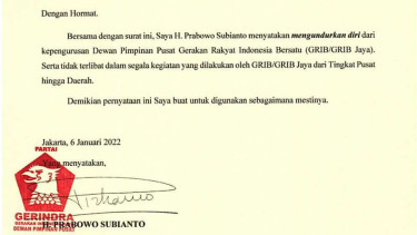 Surat Prabowo Subianto Mundur dari GRIB Jaya