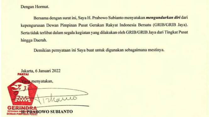 Surat Prabowo Subianto Mundur dari GRIB Jaya