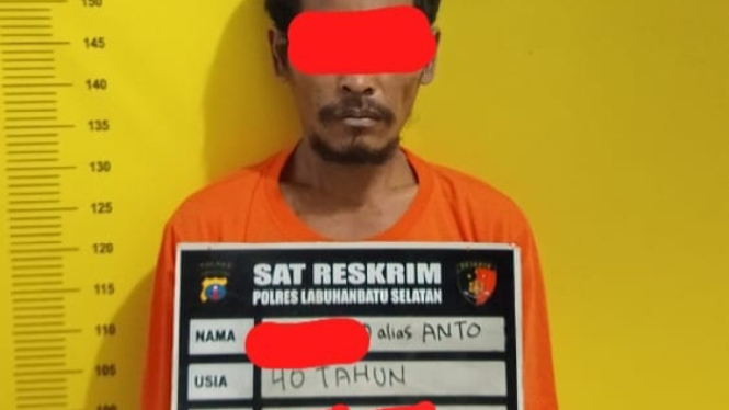 Tersangka pencabulan anak kandung saat diamankan petugas kepolisian.(dok Polres Labusel)
