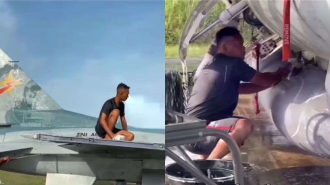 Viral video TNI AU cuci  jet tempur F16 secara manual
