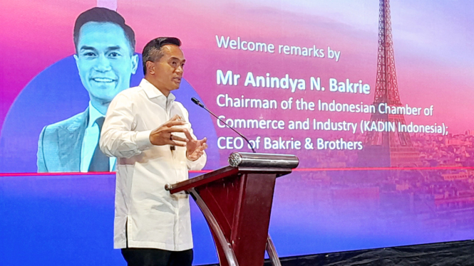 Ketua Umum Kadin Indonesia, Anindya Bakrie, di acara Indonesia-France Business Forum 2025, kawasan Tugu Tani, Jakarta Pusat, Selasa, 18 Februari 2025