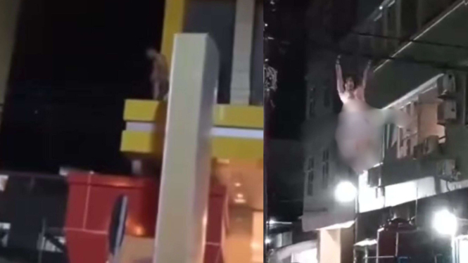 Pria Bersempak Nekat Lompat dari Lantai 2 Hotel dan Bergelantungan di Kabel
