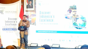 Menteri Koordinator Bidang Perekonomian, Airlangga Hartarto, saat meluncurkan Trade Expo Indonesia 2025 di kantor Kementerian Perdagangan, Jakarta, Kamis, 20 Februari 2025
