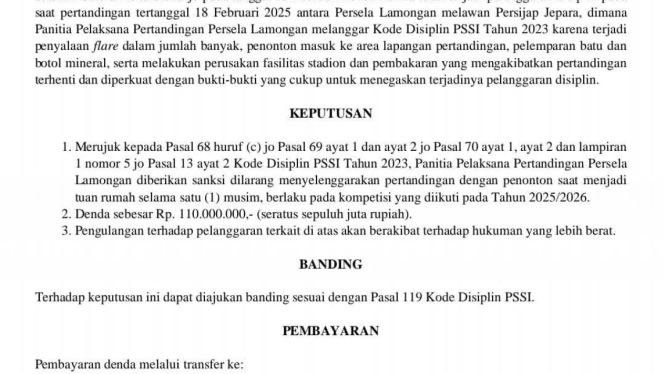 Surat Sanksi Komdis PSSI untuk Persela