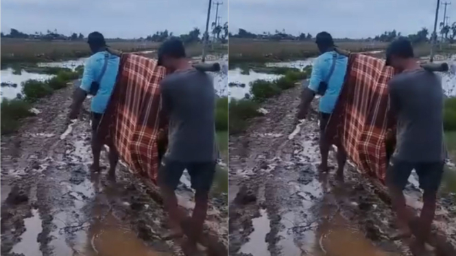 Warga Karawang yang Sakit Terpaksa Digotong ke Puskesmas Pakai Sarung