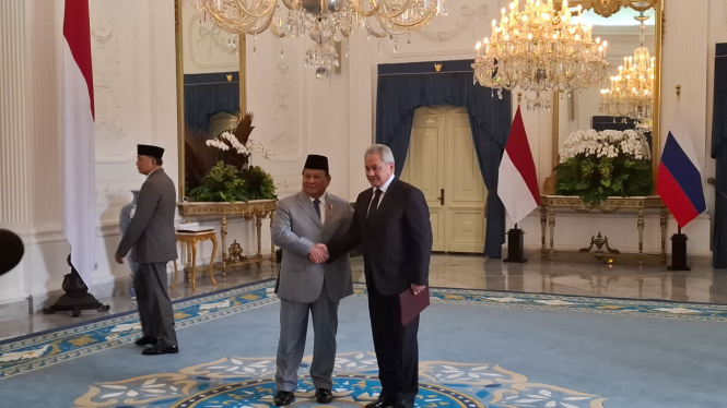 Presiden RI Prabowo Subianto menerima kedatangan Sekretaris Dewan Keamanan Federasi Rusia Sergie Shoigu Shoigu di Istana Merdeka, Jakarta Pusat, Selasa, 25 Februari 2025.