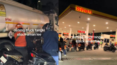 Kendaraan yang Sedang Mengantre di SPBU Swasta Bahagia ketika Truk Tangki Datang