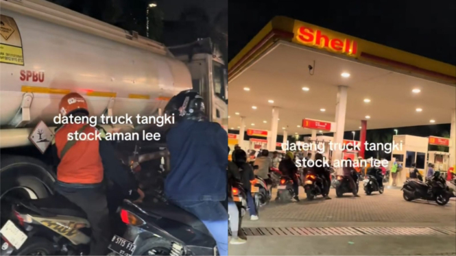Kendaraan yang Sedang Mengantre di SPBU Swasta Bahagia ketika Truk Tangki Datang