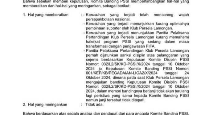 Surat Komite Banding PSSI untuk Persela