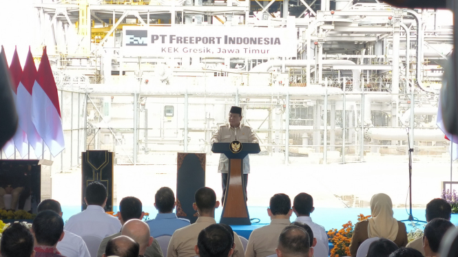 Presiden RI Prabowo Subianto saat meresmikan pabrik emas milik PT Freeport Indonesia di Gresik, Jawa Timur, Senin, 17 Maret 2025. 
