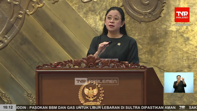 Ketua DPR RI, Puan Maharani di rapat sidang paripurna ke-16 penutupan masa sidang II tahun 2024-2025 di Gedung DPR RI, Jakarta Pusat, Selasa, 25 Maret 2025 (sumber: tangkapan layar YouTube TV Parlemen)