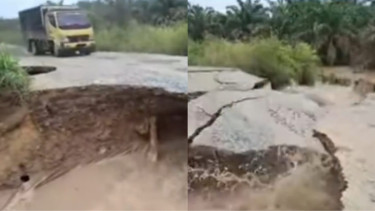 Viral Detik-detik Truk Besar Nekat Lewati Jalan yang Rusak