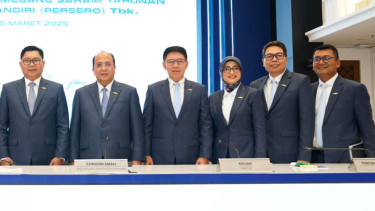 Jajaran Direksi Bank Mandiri usai gelaran RUPST, Selasa, 25 Maret 2025