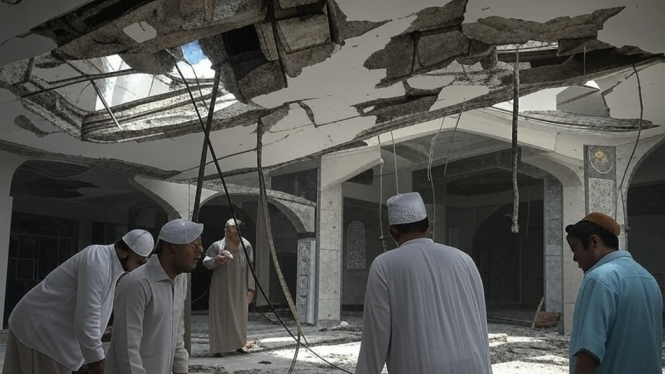 Plafon masjid tiba-tiba roboh dan menimpa jemaah yang sedang melaksanakan ibadah itikaf.
