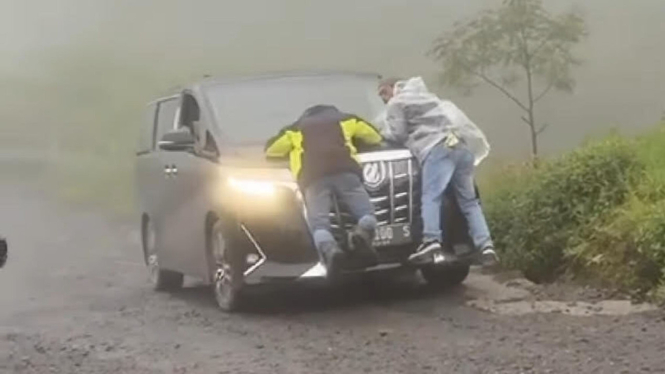 Viral dua orang menaiki bagian depan Toyota Alphard