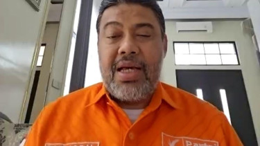 Presiden Partai Buruh dan KSPI, Said Iqbal, saat konferensi pers melalui Zoom terkait tarif impor Trump.