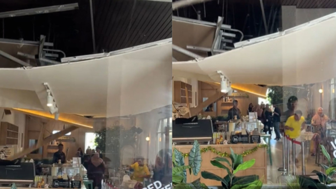 Detik-detik Plafon Kafe Titik Koma Tanjung Selor Ambruk