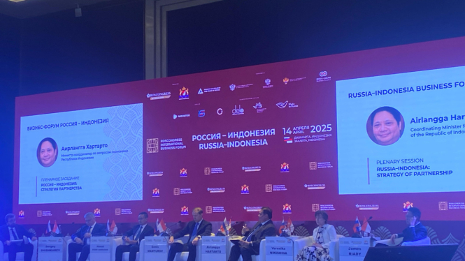 Menteri Koordinator Bidang Perekonomian Airlangga Hartarto saat menghadiri Forum Bisnis Rusia-Indonesia di Hotel Raffles, Jakarta (Doc: Natania Longdong)