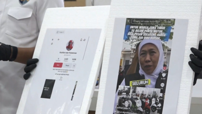 Barang bukti video hoaks Gubernur Jatim Khofifah Indar Parawansa promosi motor murah.