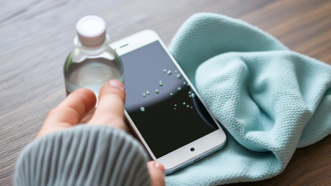 Membersihkan layar ponsel dengan campuran air dan cuka