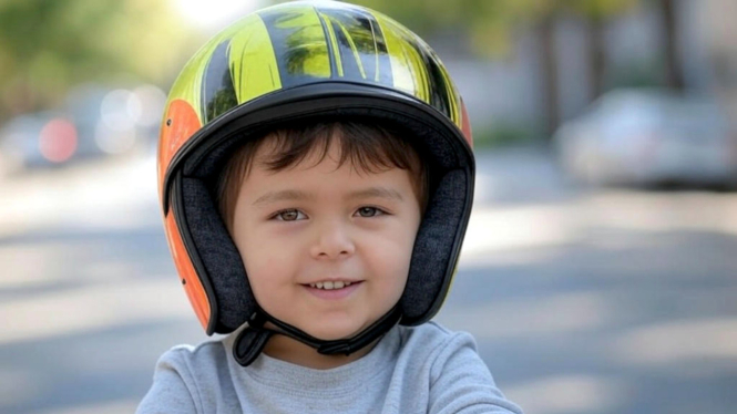 Anak kecil memakai helm