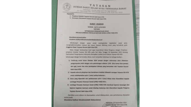 Viral surat edaran pungutan infaq 2,5 persen karyawan RSI NTB