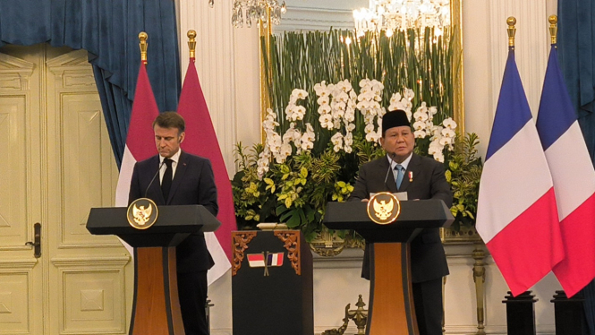 Presiden RI Prabowo Subianto dan Presiden Prancis Emmanuel Macron di Istana Merdeka, Jakarta Pusat, Rabu, 28 Mei 2025