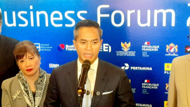 Ketua Umum Kadin Indonesia, Anindya Bakrie, dalam konferensi pers usai acara 'Indonesia-France Business Forum 2025' di kantor Kemenko Perekonomian, Jakarta, Rabu, 28 Mei 2025.