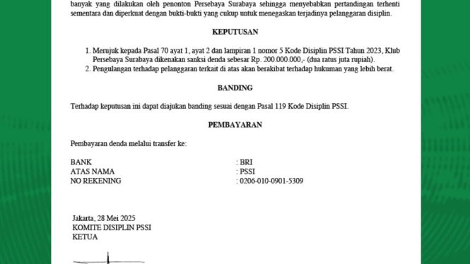 Surat Sanksi Denda untuk Persebaya (Sumber: Instagram Persebaya)