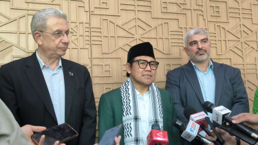 Ketum PKB Muhaimin Iskandar alias Cak Imin dan Ketua Partai Nasional Inisiatif Palestina, Mustafa Barghouti di Kantor DPP PKB.